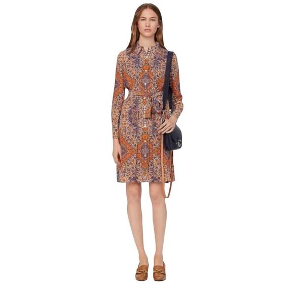 Tory Burch Soiree Pleated Silk Shirt Dress In Orange Soiree Blue Paisley Size 6 - Picture 7 of 15
